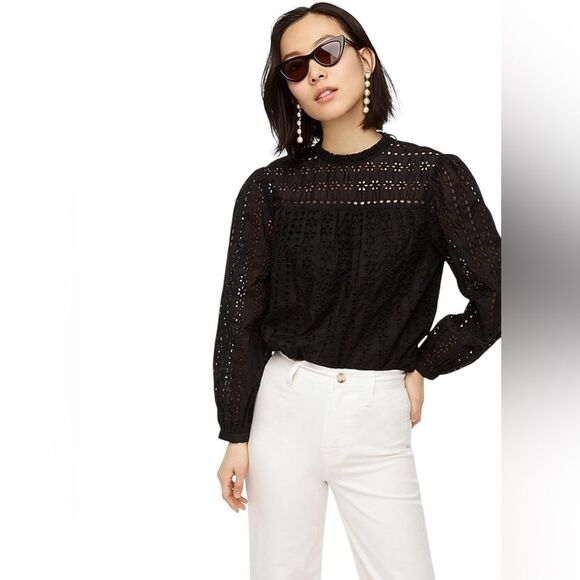 J. Crew White Eyelet Cotton Long Sleeve Tie Back Blouse - Picture 8 of 12